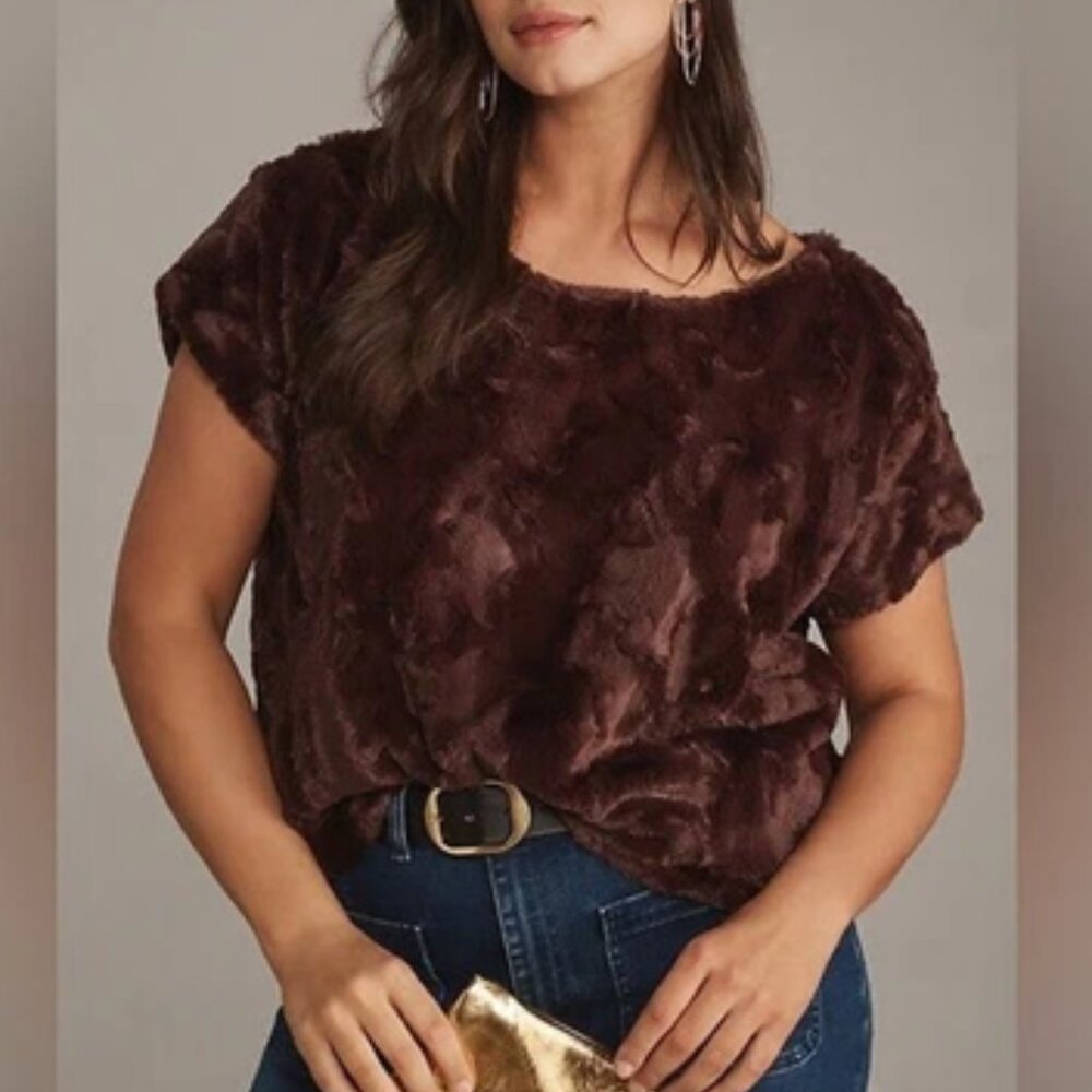 Anthropologie Maeve Faux Fur Tee Chocolate Brown 2X